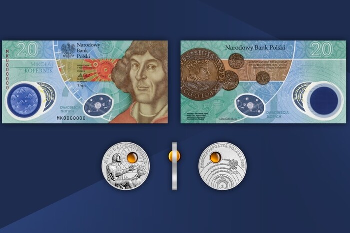 Banknot polimerowy i srebrna moneta z okazji 550. urodzin Mikołaja Kopernika